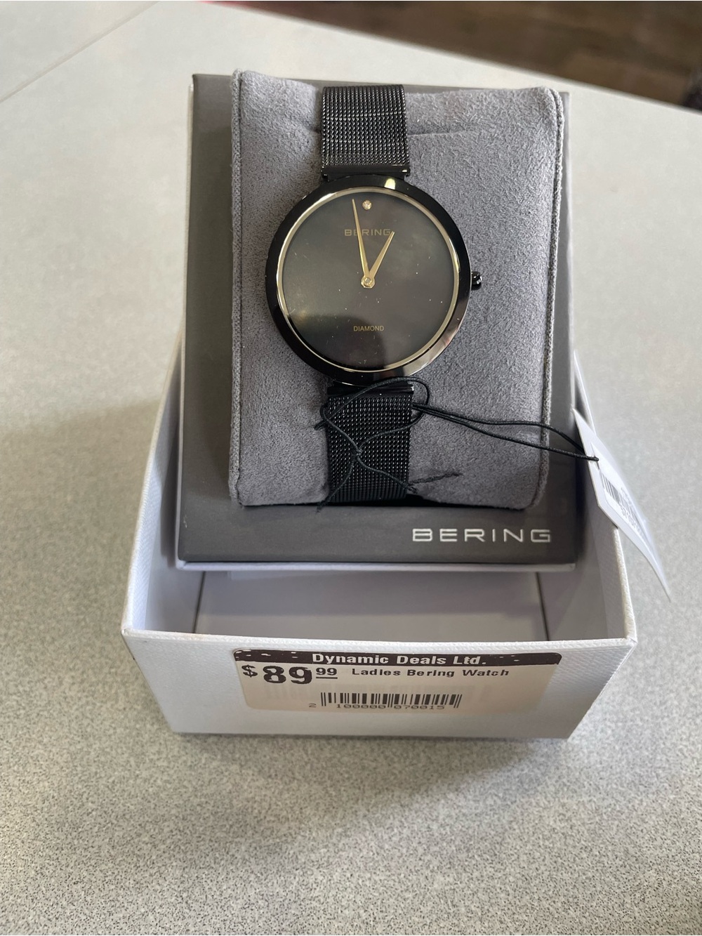 Bering Ladies Black Mesh Watch with Gold Accents